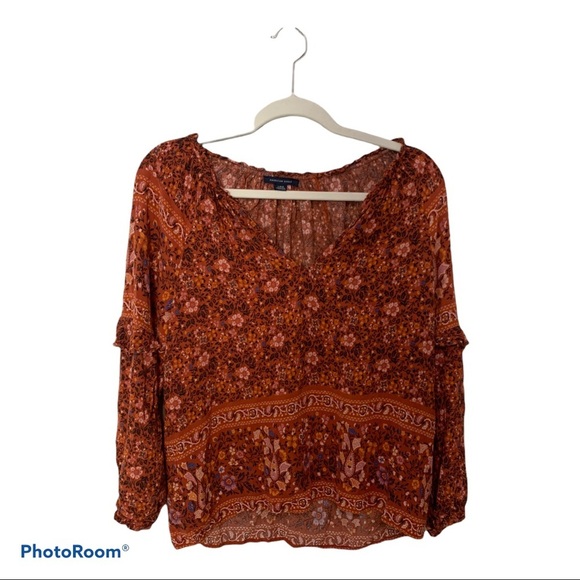 American Eagle rust floral peasant top ruffle leaves boho style size L - Picture 1 of 6